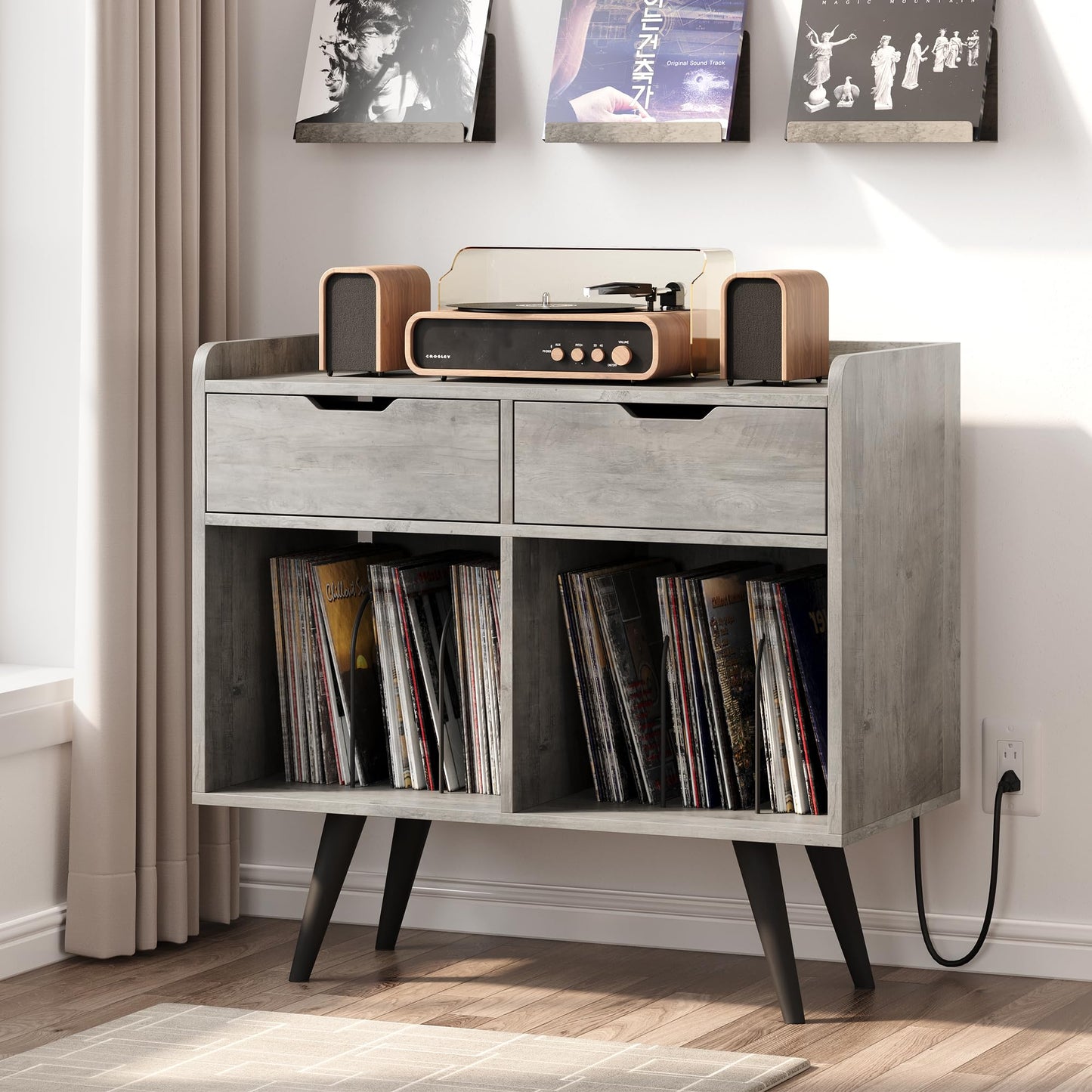 Amyove Record Player Table Stand with Storage Drawers, Vinyl Record Table Cabinet with Power Outlet, Large Wooden Turntable Stand for Album Storage in Living Room, Bedroom, Office - WoodArtSupply