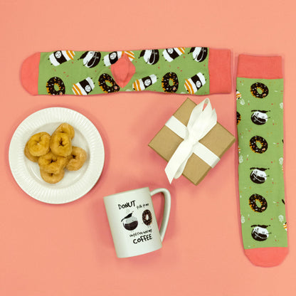 Pavilion Gift Company - Donut Talk To Me Until I've Had My Coffee - Pink & Green Novelty Crew Socks & 18 oz Mug Long Distance Relationship Gift Girlfriend Wife Present