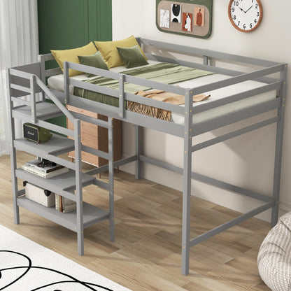 SOFTSEA Grey Full Size Loft Bed with Storage Stairs and Hanger for Kids and Adults - WoodArtSupply