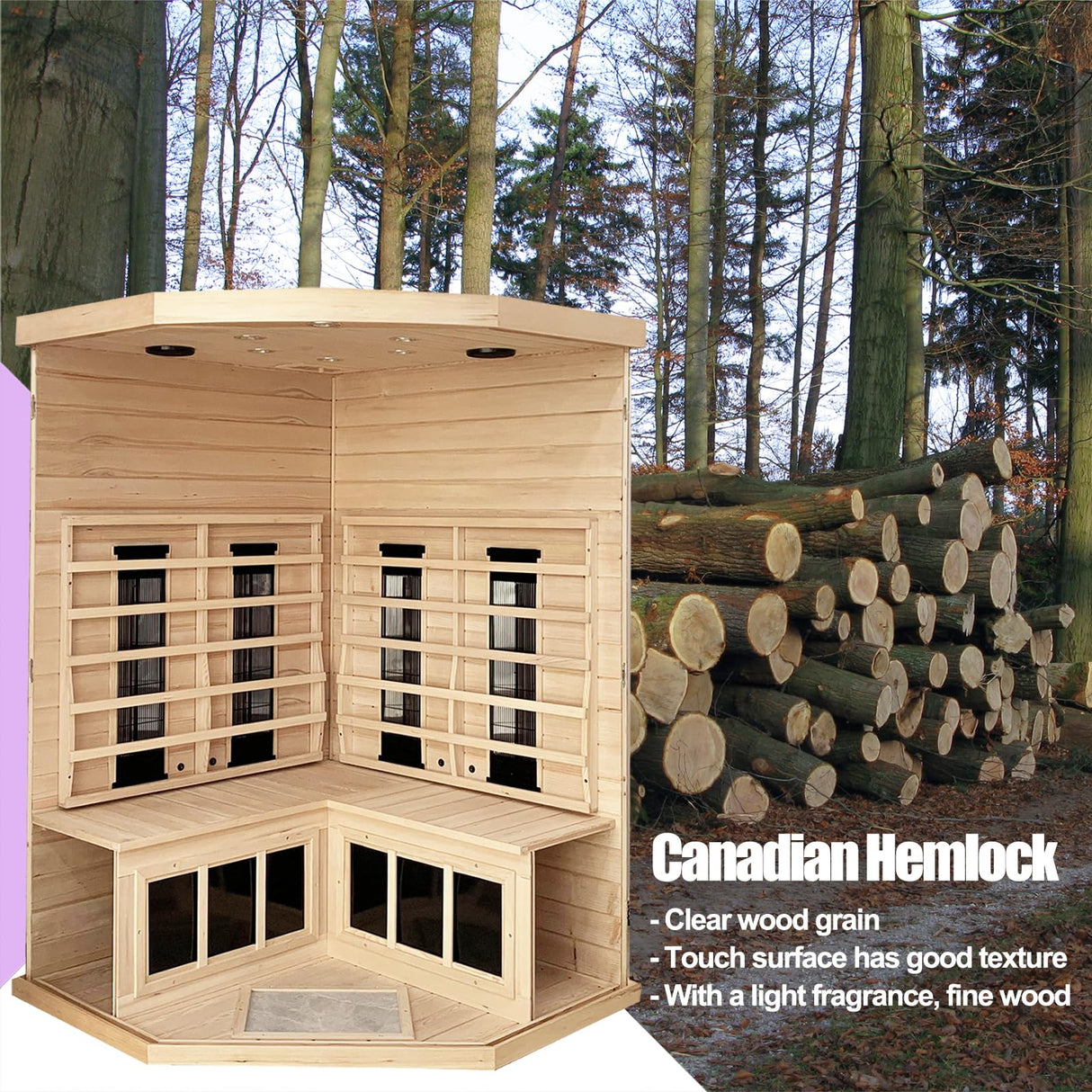 KUNSANA Ceramic Infrared Saunas for Home, 2-3 Person Infrared Sauna, Low EMF Indoor Sauna, Home Sauna, Hemlock Wooden Sauna Room with Bluetooth Speakers, Reading Lamps, Chromotherapy Lights KUNSANA