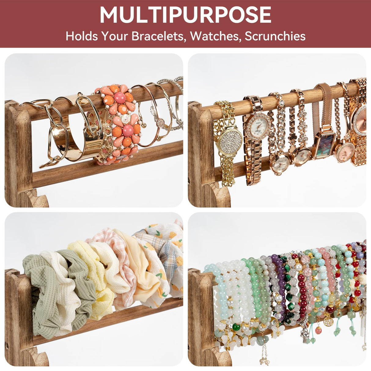 Emfogo Bracelet Holder, 4 Tier Bracelet Organizer Storage for Bracelets Bangles Watch Scrunchies, Rustic Wood Jewelry Organizer Display for Home, Vendors, Craft Shows and Store(Rustic Brown) Emfogo