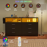 Alohappy 6 Drawer Dresser with Charging Station and LED Lights, Chest of Drawers with Open Storage Cubby, 55" Long Dresser, Modern Wood Dresser for Bedroom, Living Room, Entryway(Black) Alohappy