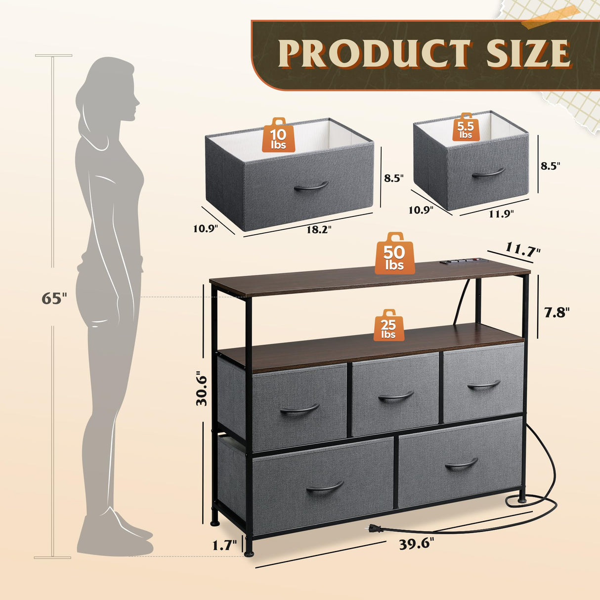 WLIVE 5 Drawer Dresser TV Stand for 45 Inch TV, Entertainment Center with Open Shelf and Power Outlet, Chest of Drawers for Bedroom, Living Room, Closet, Dark Grey WLIVE