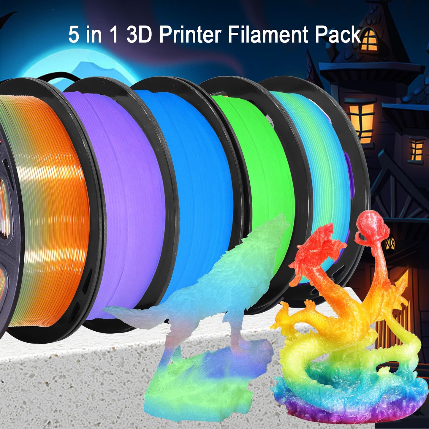 1.75mm PLA 3D Printer Filament Bundle: Glow in Dark Green/Blue/Purple/Rainbow, One Spool Clear Multi Colored, Each Spool 250g, Total 1.25Kg 3D Printing Material, 250g x 5 Spools Glow in Dark  - WoodArtSupply