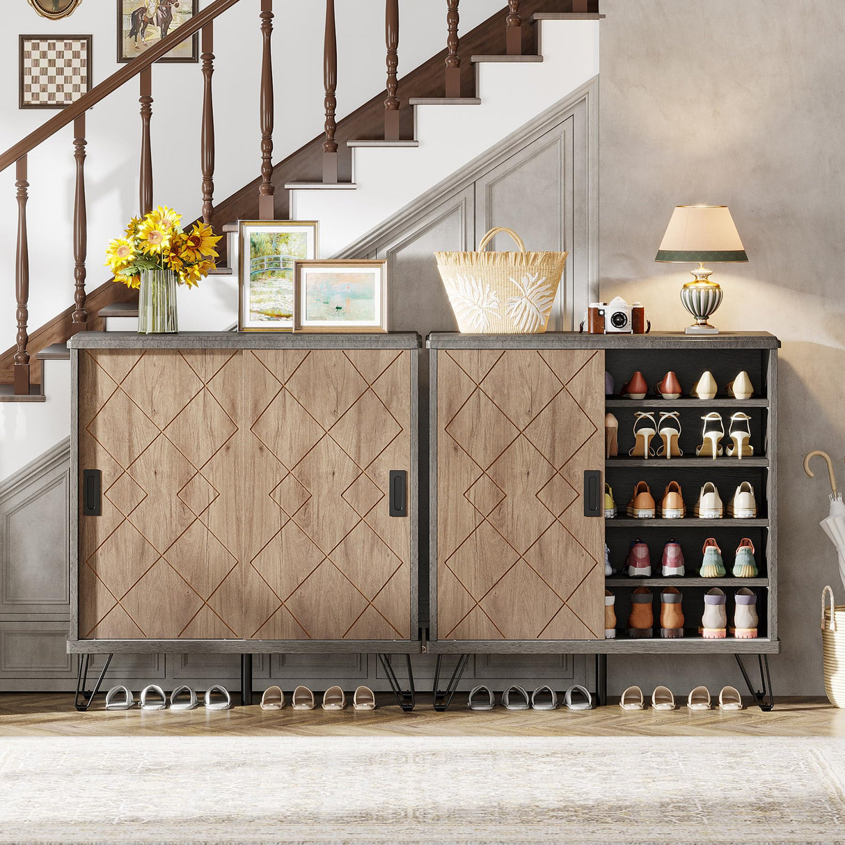 Tribesigns Shoe Cabinet with Sliding Doors, 5-Tier Wood Shoe Organizer Cabinet with Adjustable Shelves, Modern Shoe Rack Shoe Storage Cabinet for Entryway, Hallway, Living Room, Grey+Brown Tribesigns