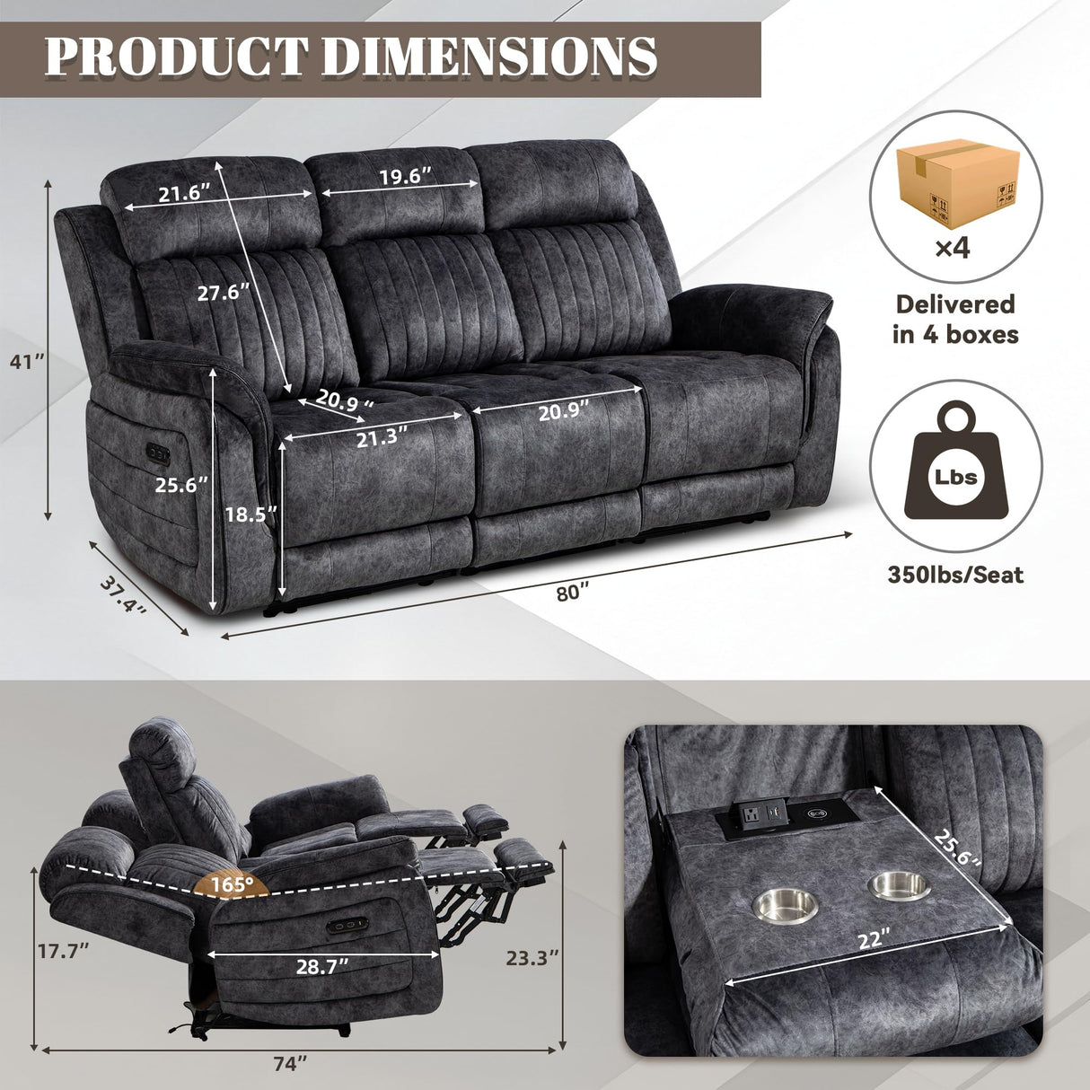 Zero Gravity Power Recliner Sofa Couch – Electric Reclining Sofa with Drop Down Table & Wireless Charging, 3 Seater Dual Reclining Couch with Adjustable Headrests for Living Room (Velvet, Grey) CALIVIA