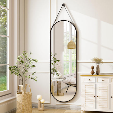 HARRITPURE 16"x48" Oval Hanging Mirror with Leather Strap Full Length Mirror Aluminum Frame Wall-Mounted Hanging Mirrors for Bathroom Vanity Living Room Bedroom Entryway Decor HARRITPURE