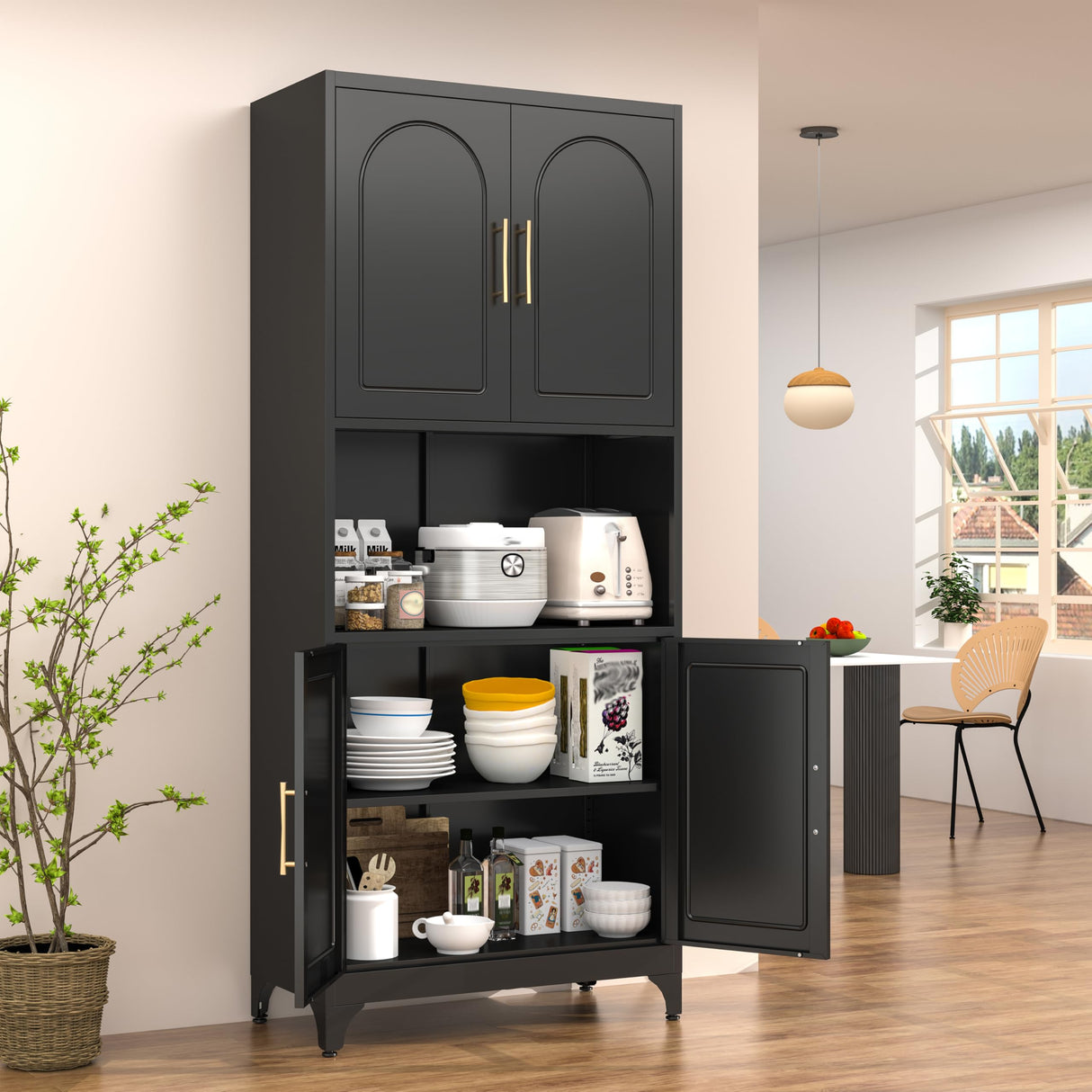 SteeLoong Kitchen Pantry Storage Cabinet with Microwave Stand，Black 75" Tall Metal Cupboard with 4 Doors and Adjustable Shelves for Bathroom, Dining Room SteeLoong