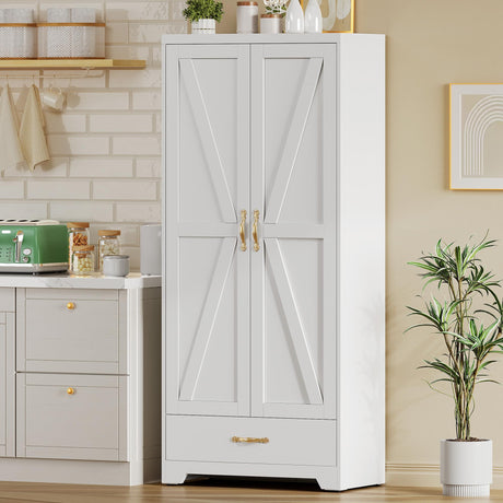 YITAHOME 62" Kitchen Pantry Cabinet, Metal Storage Cabinets with Adjustable Shelves, Farmhouse Pantry Organizer with Door and Drawer for Dining Living Room, White YITAHOME
