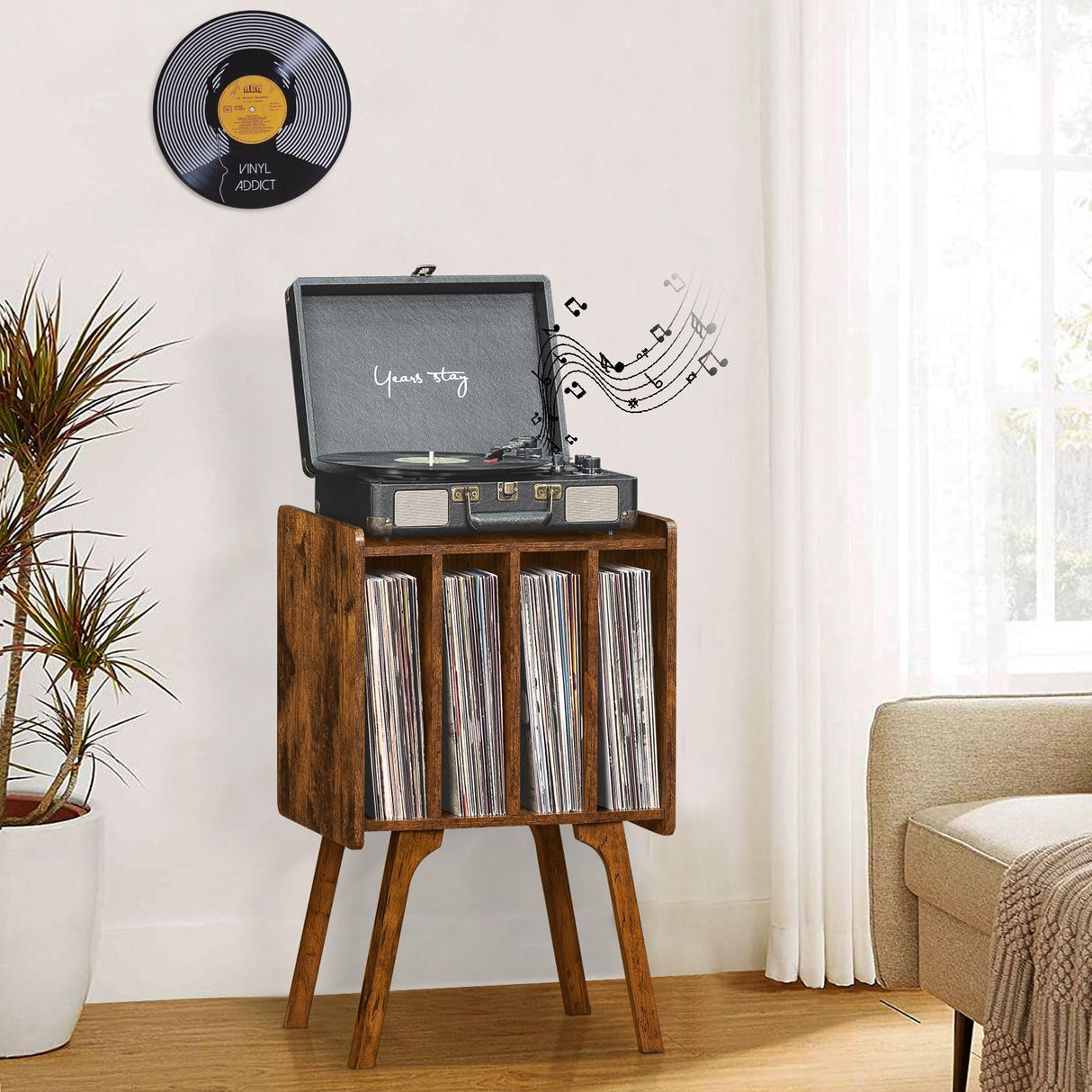 Lerliuo Record Player Stand with Storage Holds Up to 80 Albums, Turntable Stand with Beech Wood Legs, Mid-Century Record Player Table,Brown Vinyl Holder Display Shelf for Bedroom Living Room Lerliuo