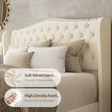 SwnftWinnt Queen Bed Frame Velvet Upholstered Platform Bed Frame with Button Tufted Tall Wingback Headboard, Low Profile, Nailhead Trim, No Box Spring Needed, Noise Free, Beige SwnftWinnt