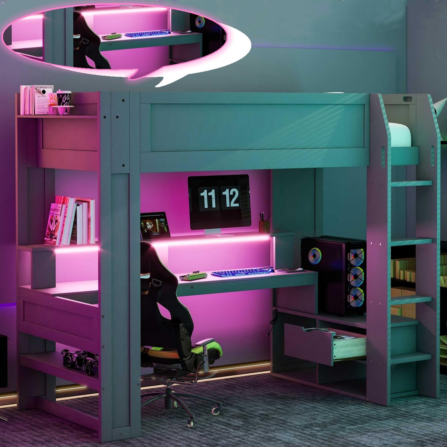 Polibi Dark Gray Twin Gaming Loft Bed with Desk, LED Lights, and Charging Station - WoodArtSupply