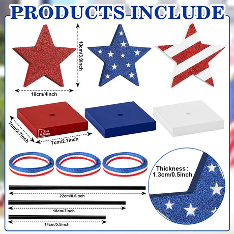 4th of July Tiered Tray Decor Wooden Star Set, 3 Pcs Memorial Day Table Decorations, Rustic Patriotic Tabletop Home Decor, Red White and Blue Decorations for Home (Shiny) Hedeey