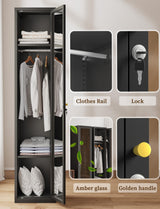 VCGGAIP Metal Locker 0rganizer for Employees with Lock, Amber Glass Door Cabinet with Mirror,Lockable Lifetime Locker for Home, Office, Gym, School, Garage,Black (Single Door, Black) VCGGAIP