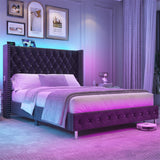 Hlivelood Queen LED Upholstered Bed Frame with Wingback Headboard, Velvet Diamond Button Tufted Bed Frame w/USB&Type-C Ports, Pocket and LED Lights, Wood Slats Support, No Box Spring Needed, Dark Grey Hlivelood