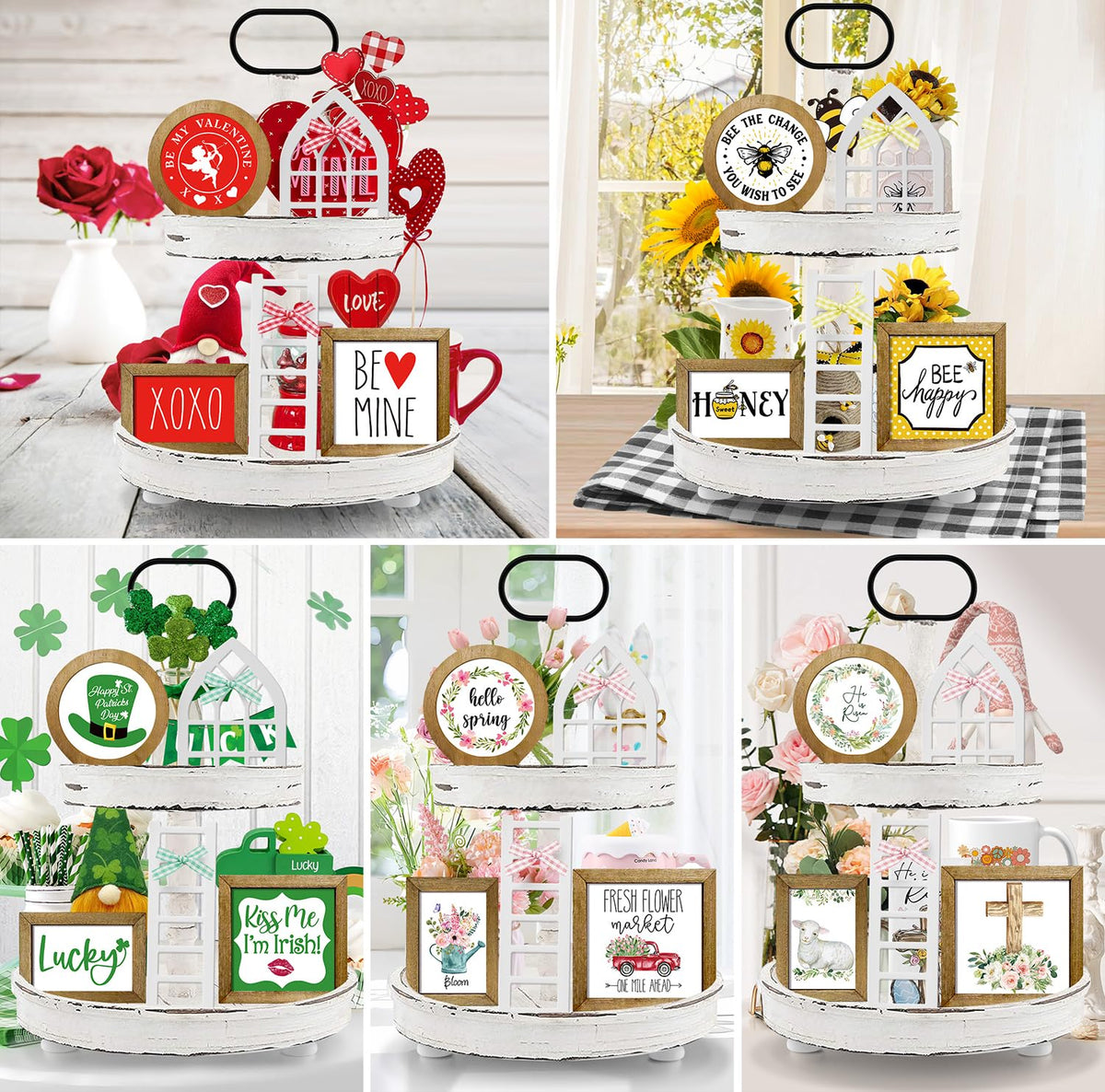Nuvagiki Valentine's Day Tiered Tray Decor, Valentine's Day Decorations for Home Indoor, Interchangeable Year Round Seasonal Decorations Wooden Frames + Mini Arch + Ladder Set, No Tray, Turkey Decor nuvagiki
