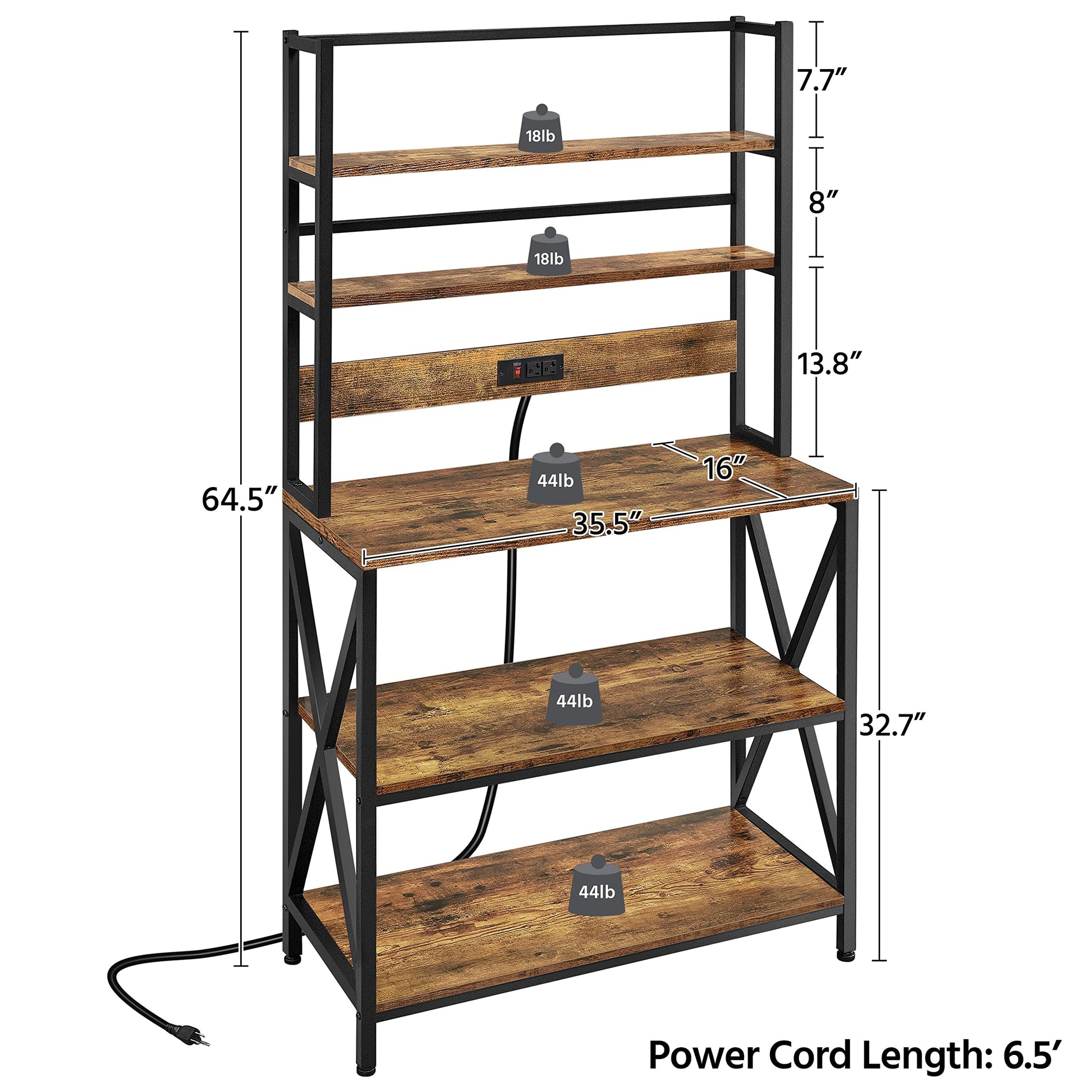 Yaheetech Rustic Brown Kitchen Bakers Rack with Power Outlet and 5-Tier Utility Storage Shelf - WoodArtSupply