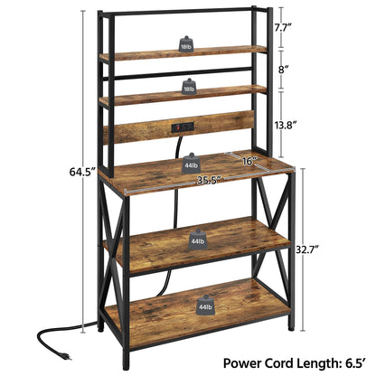 Yaheetech Rustic Brown Kitchen Bakers Rack with Power Outlet and 5-Tier Utility Storage Shelf - WoodArtSupply