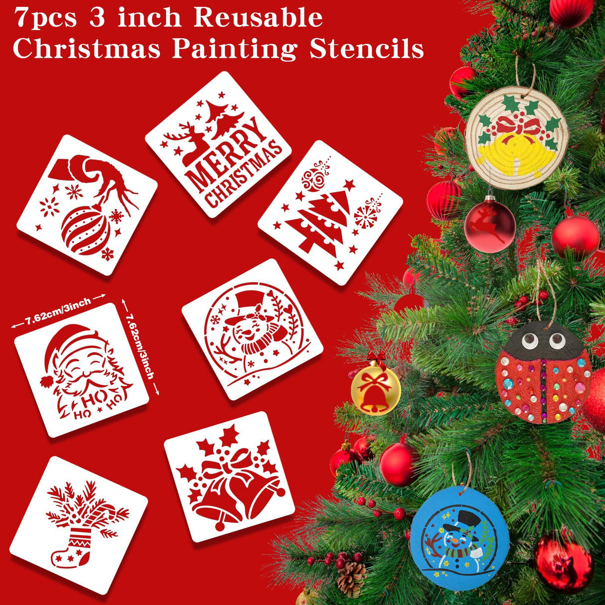 Wood Ornaments for Crafts, 20 Pcs Unfinished Wood Slice Predrilled with Hole Wooden Circles Christmas Craft Kits, Glow in The Dark DIY Ornament Decorating Art Kit with Xmas Painting Stencils Golabarell