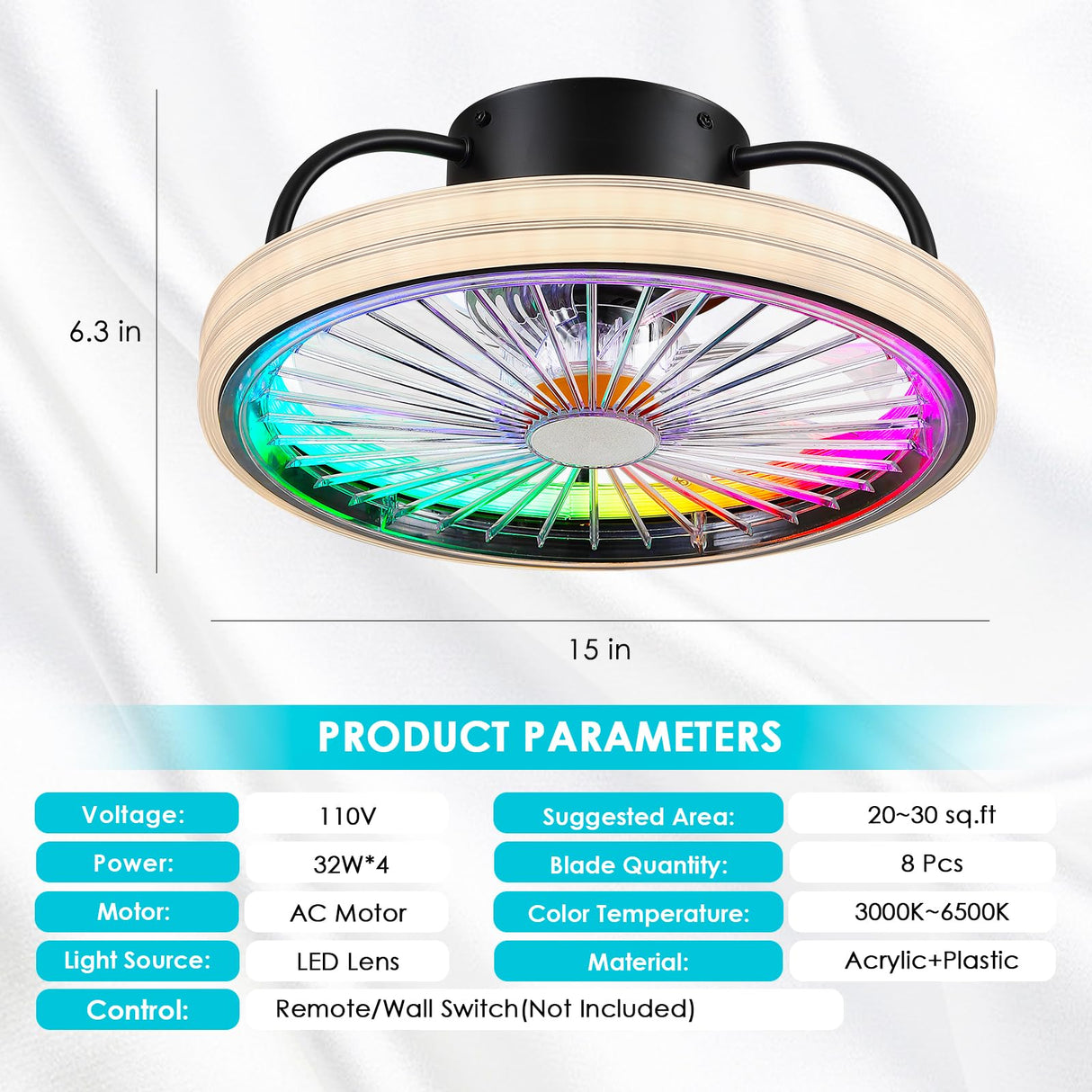 Low Profile Ceiling Fan with Light - Modern Flush Mount Ceiling Fan,15" RGB Dimmable LED Enclosed Ceiling Fans,Modern Bladeless LED-RGB Ambient Light for Bedroom Kids Room Party（Black） Mpayel