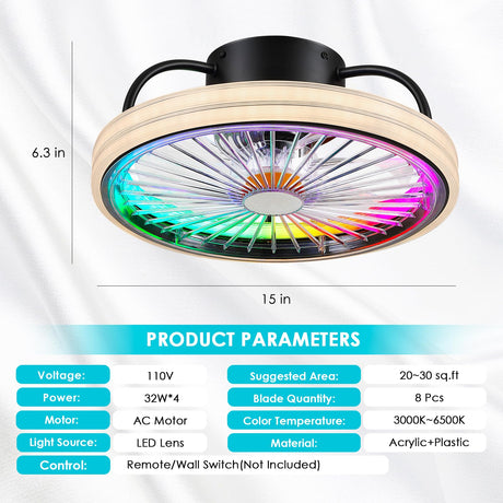 Low Profile Ceiling Fan with Light - Modern Flush Mount Ceiling Fan,15" RGB Dimmable LED Enclosed Ceiling Fans,Modern Bladeless LED-RGB Ambient Light for Bedroom Kids Room Party（Black） Mpayel