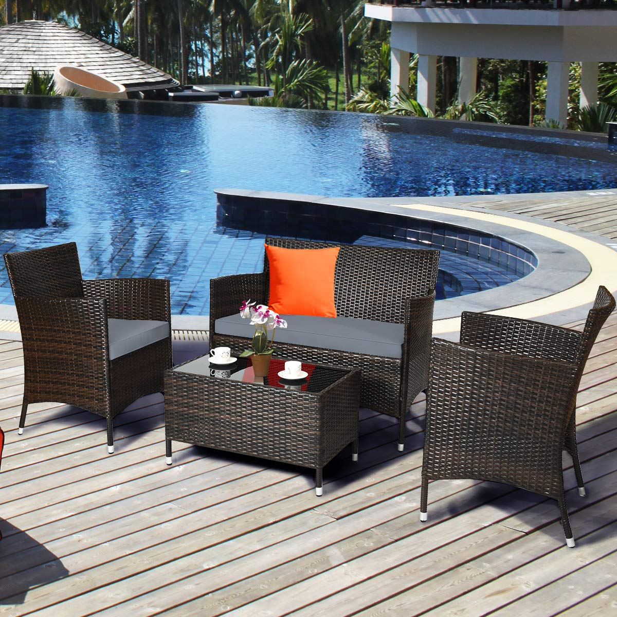 Goplus 4-Piece Rattan Patio Set, Outdoor/Indoor Wicker Conversation Set for Pool, Backyard, Lawn, Wicker Chairs and Sofa with Soft Cushion, Rattan Furniture with Tempered Glass Coffee Table Goplus