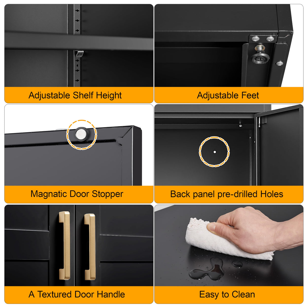 71" Tall Kitchen Storage Cabinet with Gold Handles, Metal Pantry Cabinets with 2 Doors, Food Pantry, Adjustable Shelves, Black Freestanding Pantry Cupboard for Dining Room, Kitchen -Assembly Required MetalMax