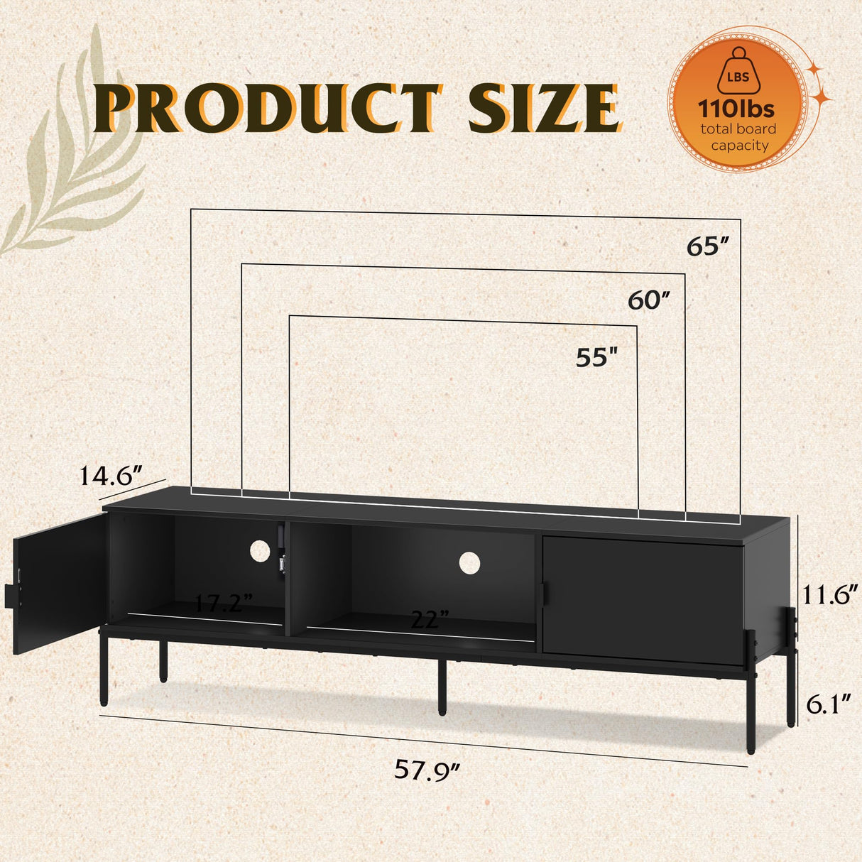 WLIVE Modern TV Stand for 65 Inch TV, Mid Century Entainment Center with Storage, TV Console with Open Shelf and 2 Cabinets for Bedroom and Living Room, TV Cabinet with Metal Legs, Black WLIVE