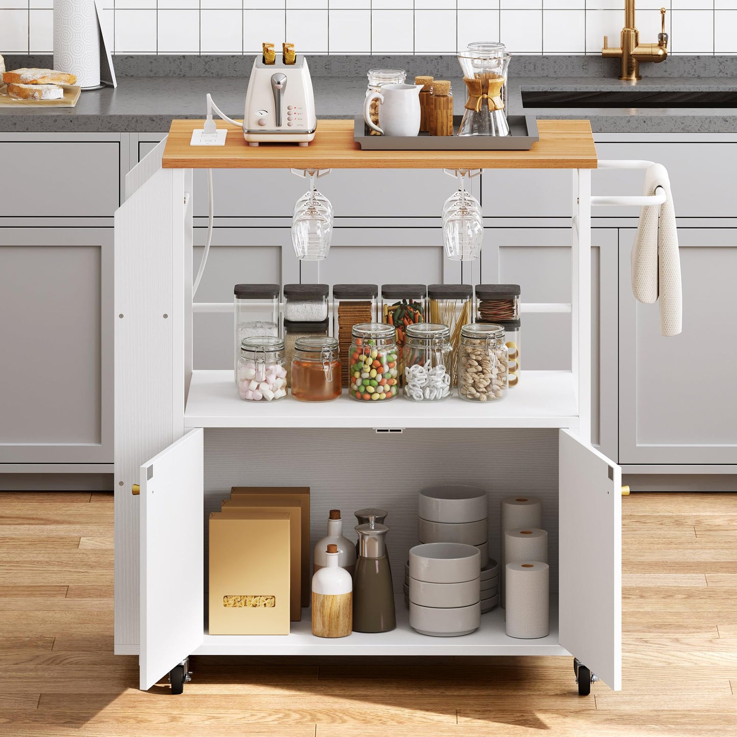 YITAHOME Kitchen Island Cart with Power Outlet, 33 Inch Mobile Kitchen Cart with Open Shelves, Rolling Portable Serving Utility Carts on Wheels with Storage for Kitchen, Dining Room, White - WoodArtSupply