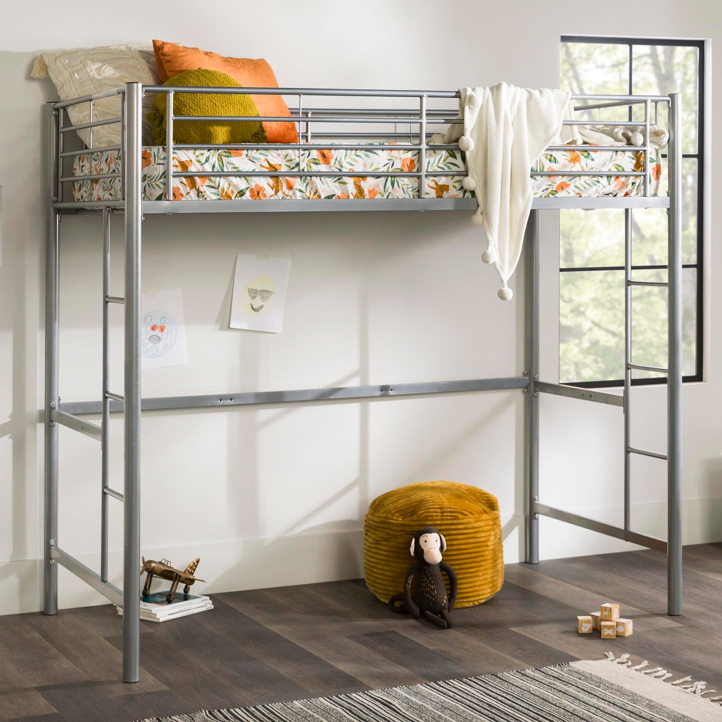 Walker Edison Silver Metal Twin over Loft Bunk Bed Twin Size Bedframe with Ladder