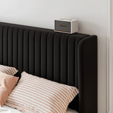 SHA CERLIN King Size Velvet Bed Frame with Vertical Channel Tufted Wingback Headboard, Upholstered Platform Bed with Wood Slats, No Box Spring Needed, Easy Assembly, Black SHA CERLIN