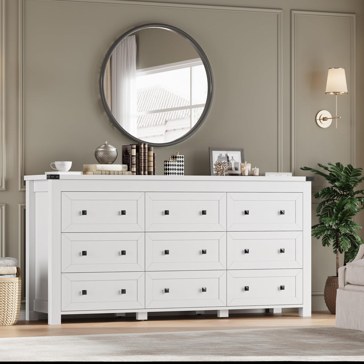 BORNOON 9-Drawer Dresser, Modern Wooden Storage Chest of Drawers, Dresser TV Stand, Wood Drawer Organizer with Metal Handles for Bedroom, Living Room, Hallway BORNOON