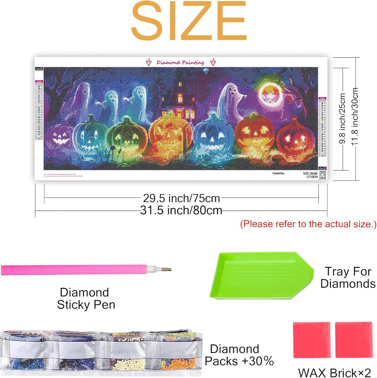 Zariocy 5D Large Diamond Art Kits for Adults Glowing Pumpkin, Diamond Painting Art Halloween Round Full Drill Crystal Diamond Embroidery Paintings Arts Craft for Home Office Wall Decor 31.5x11.81 inch Zariocy
