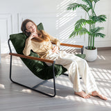 MAXYOYO Modern Accent Chair, Comfy Living Room Chair with Metal Frame Wooden Armrest, Upholstered Armchair with Soft Cushion for Bedroom Balcony Lounge Reading Room, Dark Green MAXYOYO