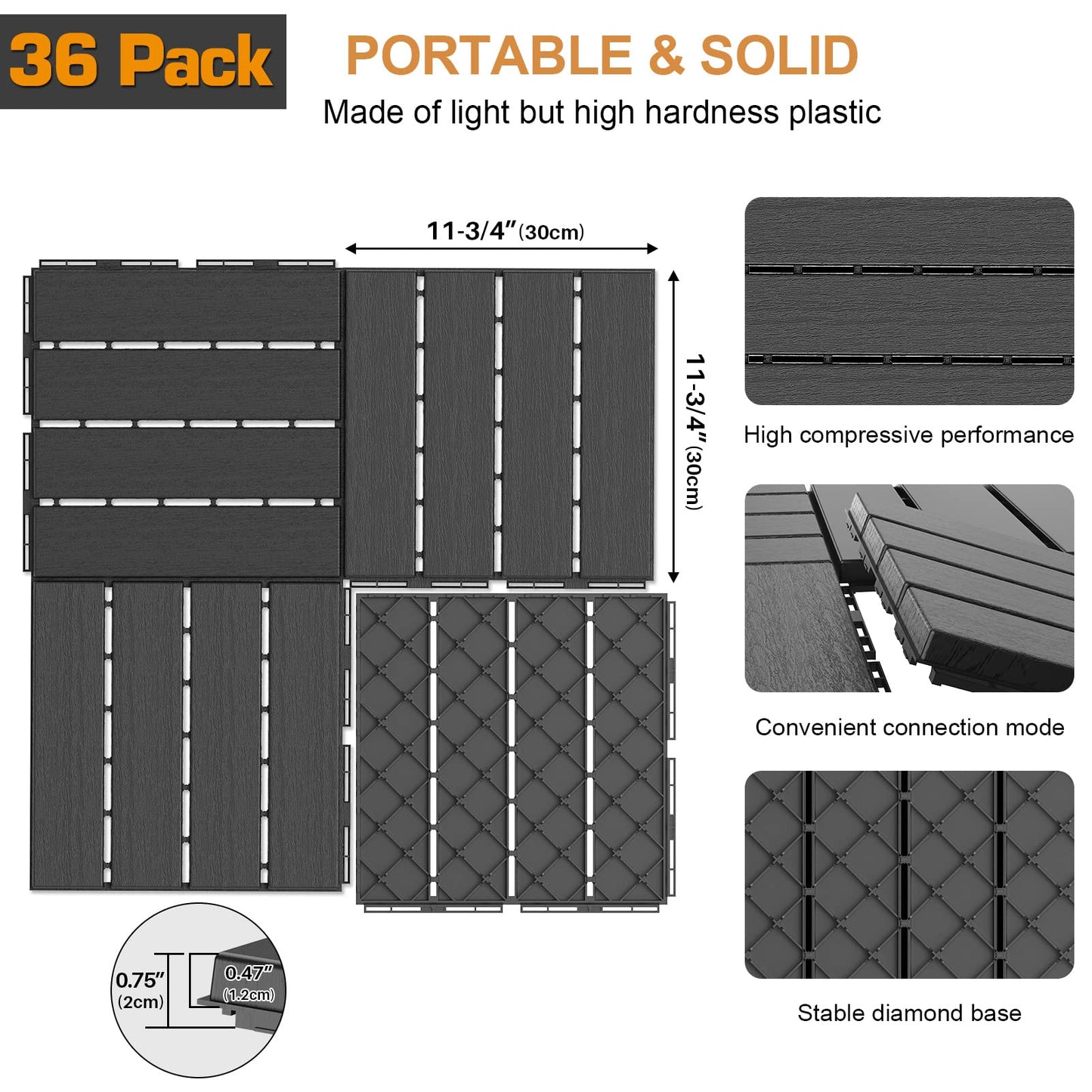 Goovilla Plastic Interlocking Deck Tiles, 36 Pack Patio Deck Tiles, 12"x12" Waterproof Outdoor Flooring All Weather Use, Patio Floor Decking Tiles for Porch Poolside Balcony Backyard, Dark Grey