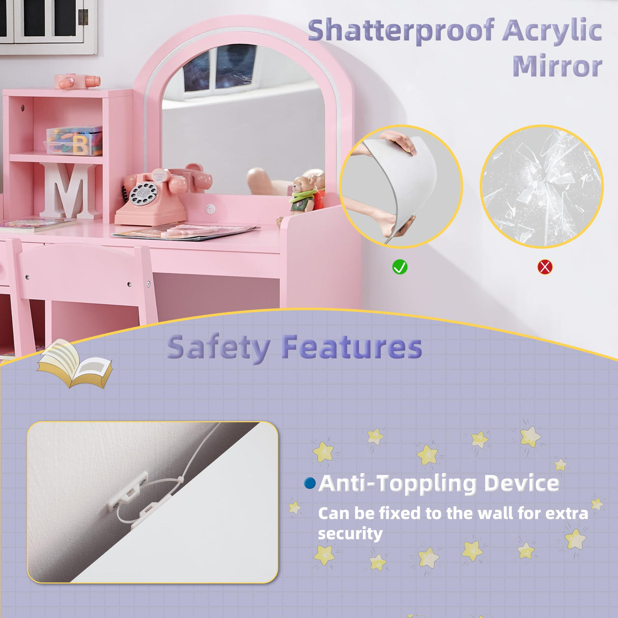 BXKX Kids Vanity with Lights, Princess Vanity Set with Drawer and Storage Shelves, 2 in 1 Toddler Makeup Vanity with Lighted Mirror, Girls Vanity Set with Stool for Little Girls (Pink) BXKX