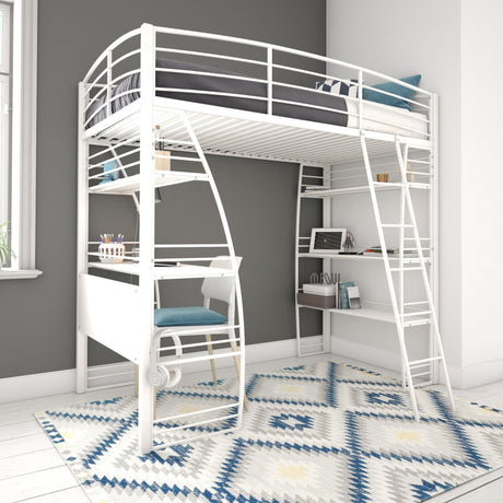 REALROOMS Serenity Studio Twin Metal Loft Bed with Integrated Desk and Shelves, Off White REALROOMS