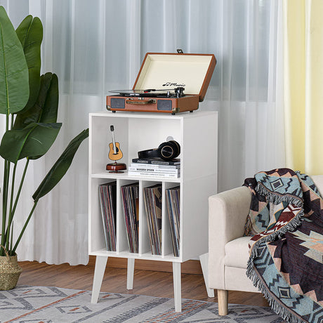 Lerliuo Record Player Stand, White Turntable Stand Holds up to 160 Albums, Mid-Century Vinyl Storage Cabinet Table with Solid Wood Legs, Record Player Holder Dispaly Shelf for Bedroom Living Room Lerliuo