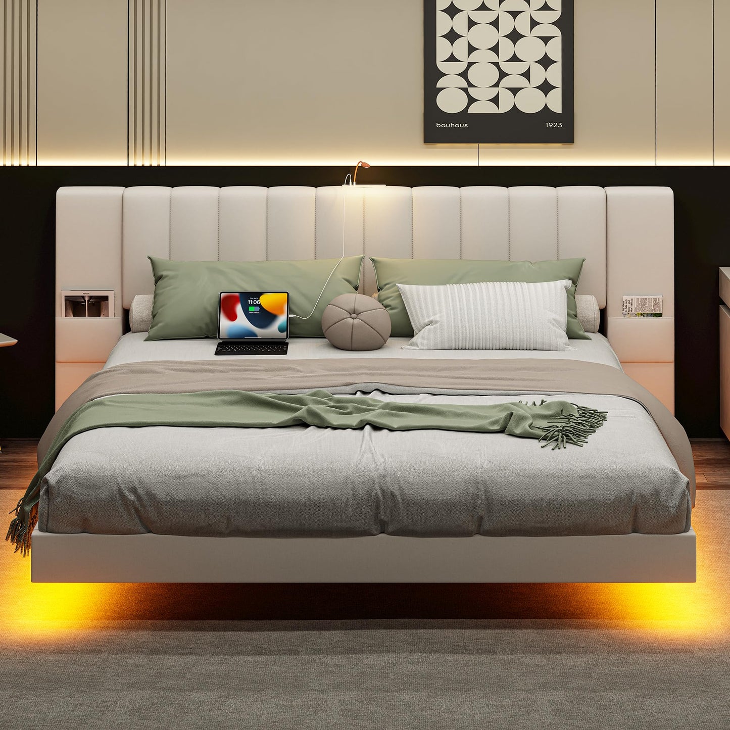 LIKIMIO Modern Floating Full Bed Frame with Padded Headboard, LED Lights & Charging Station in Beige - WoodArtSupply