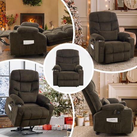 ABCASA Oversized Dual Motor Lay Flat Power Lift Recliner Chair with Massage, Heating, Lumbar Pillow, USB & Type-C Ports, Textile Lift Chairs Recliners, Large Recliner for Big & Elderly People - Brown ABCASA