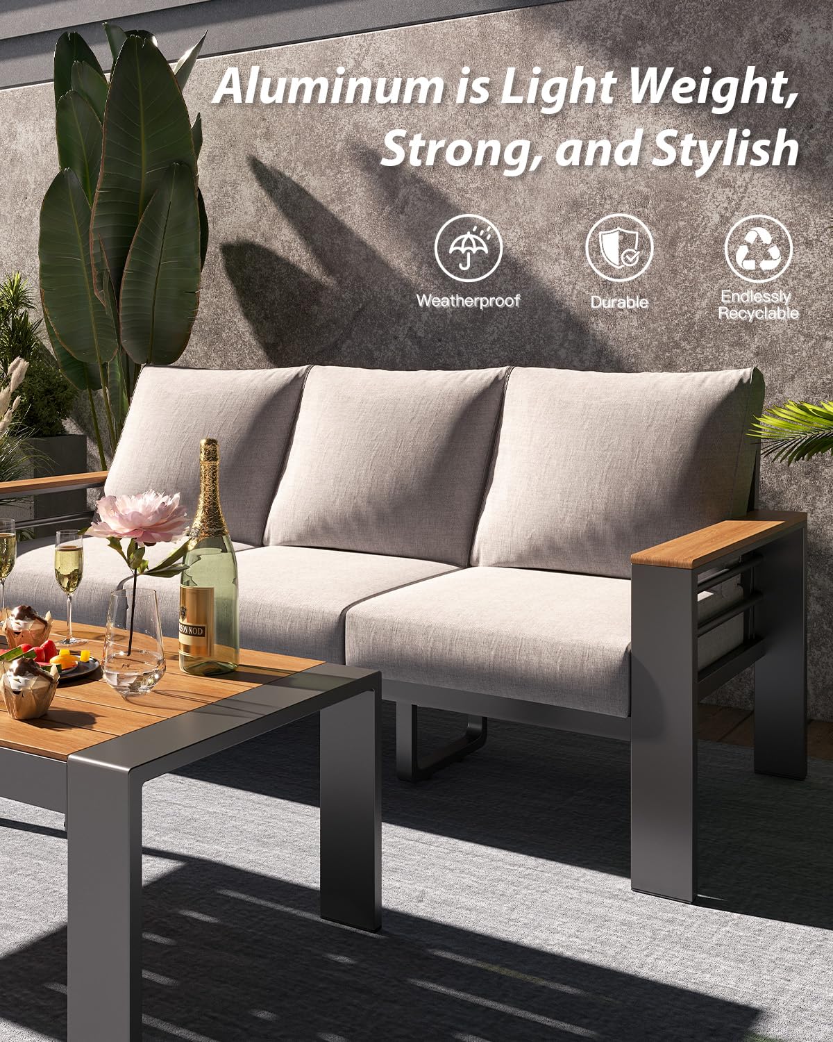 Aoxun Aluminum Outdoor Patio Furniture Set, 5 Seats Outdoor Sectional with Coffee Table, Patio Conversation Sets with Upgraded Armrests and Cushions for Backyard, Garden and Poolside（Grey） Aoxun