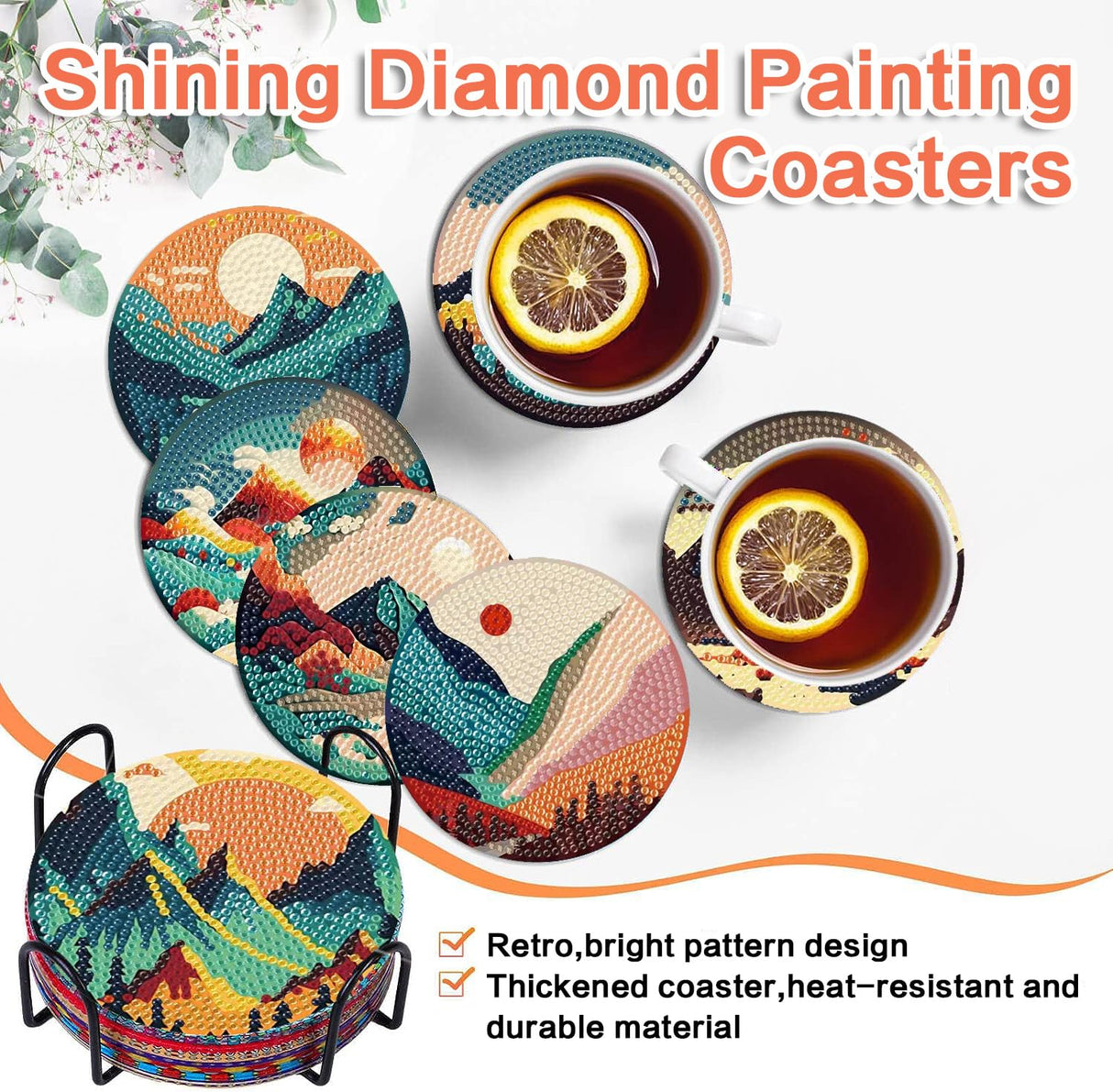 ijbnhd 8 Pcs Sunset Diamond Painting Coasters with Holder, Abstract Landscape Diamond Art Coasters Diamond Painting Kits for Beginners, Adults Art Craft Supplies ijbnhd