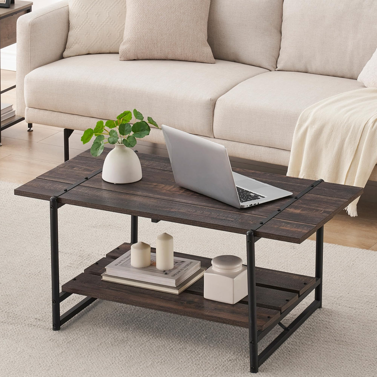 2-Tier Farmhouse 41'' Large Wood Coffee Table with Storage Shelf -Modern Rustic Metal Rectangle Center Living Room Coffee Table Accent Furniture for Home Office,Easy Assembly IDEALHOUSE