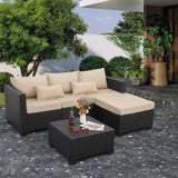 Outdoor Furniture Set 3 Pieces Wicker Patio Furniture Outdoor Sectional Patio Couch Outdoor Coffee Table with Storage All-weather Non-slip Cushions Waterproof Covers, Khaki Rattaner