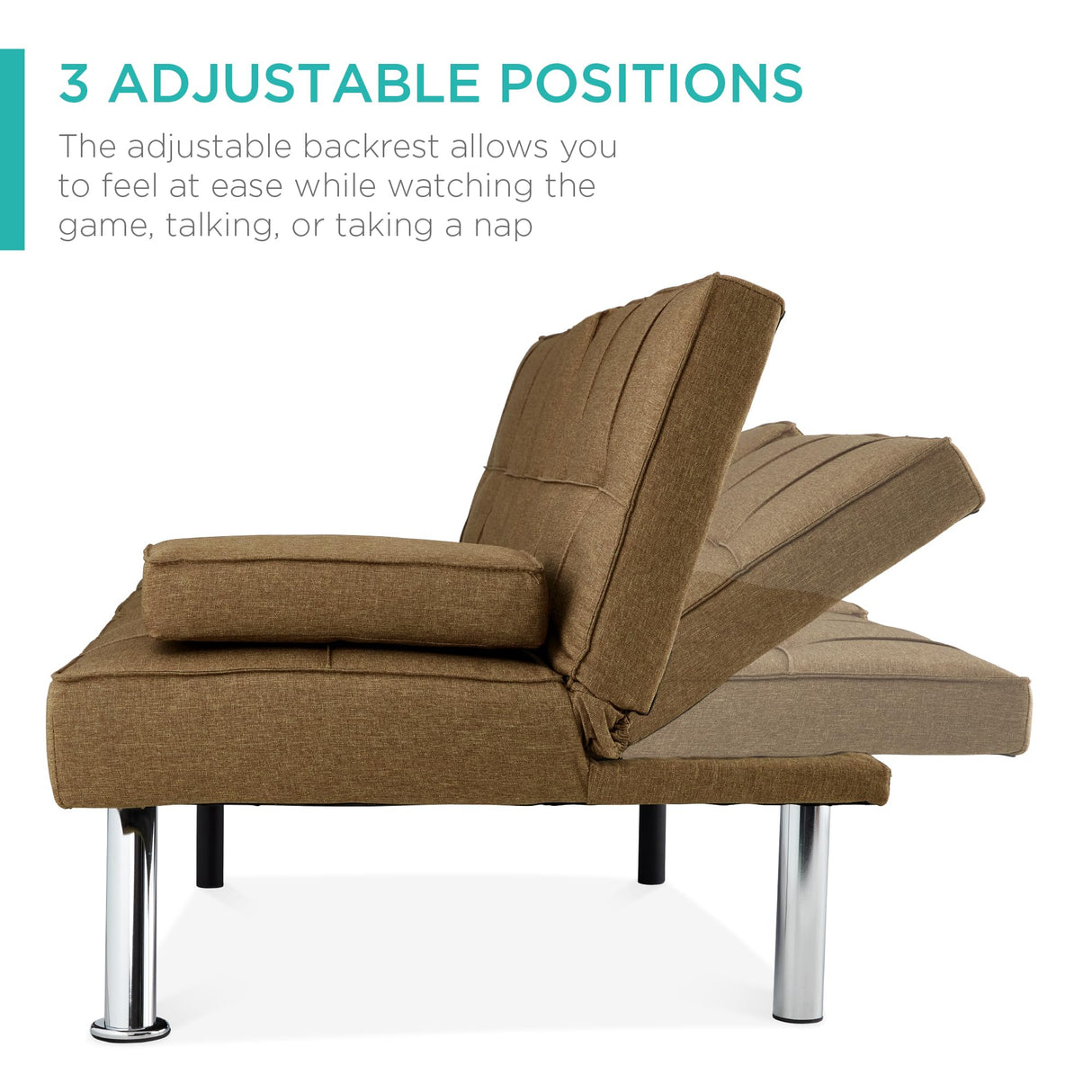 Best Choice Products Linen Modern Folding Futon, Reclining Sofa Bed for Apartment, Dorm w/Removable Armrests, 2 Cupholders - Brown Best Choice Products