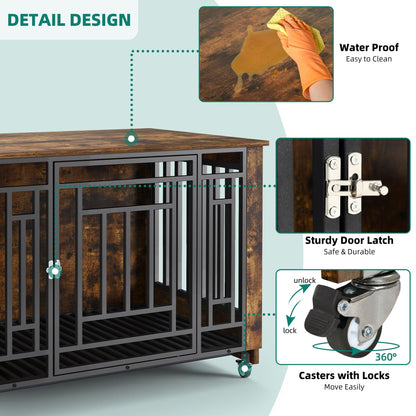 YITAHOME 38" Dog Crate Furniture with Wheels, Heavy Duty Wood Dog Cage Table with Removable Tray, Chew-Resistant Wooden Dog Kennel Indoor for Large and Medium Dogs Rustic Brown - WoodArtSupply