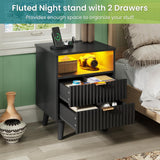AOGLLATI Fluted Nightstand Set of 2 with Charging Station, Black LED Nightstand with 2 Drawers and Open Storage Cubby, Modern Bedside Table with LED Lights & Metal Handle for Bedroom AOGLLATI