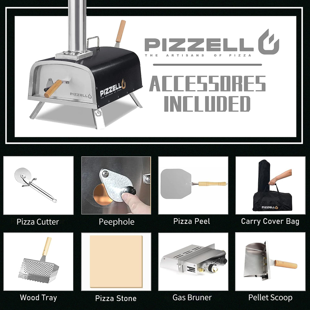 PIZZELLO 12" Outdoor Pizza Oven Propane & Wood Fired Pizza Maker Multi-Fuel Pizza Ovens with Gas Burner, Wood Tray, Stone, Pizza Peel, Cover, Forte Gas (Black) PIZZELLO