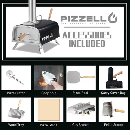 PIZZELLO 12" Outdoor Pizza Oven Propane & Wood Fired Pizza Maker Multi-Fuel Pizza Ovens with Gas Burner, Wood Tray, Stone, Pizza Peel, Cover, Forte Gas (Black)