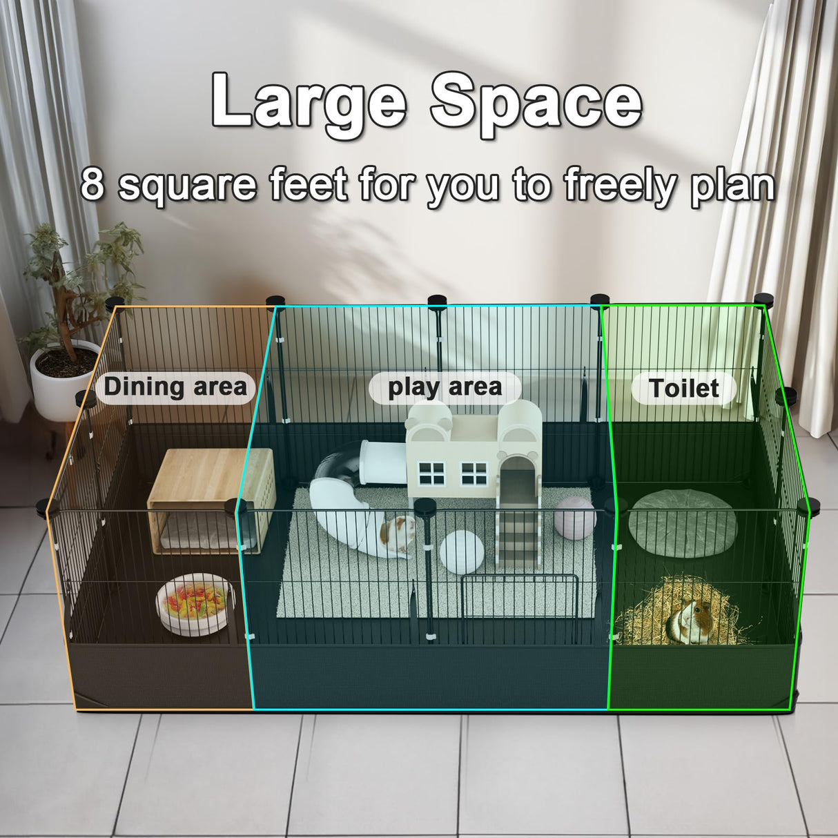 Tresbro Guinea Pig Cage with Waterproof PVC Bottom Liner & One-Hand Release Hook, Triple Fixing C&C Cage for Guinea Pigs, Bunny, Rabbit, Hedgehog, Small Animal Indoor Playpen 48''L x 24''W x 16''H Tresbro